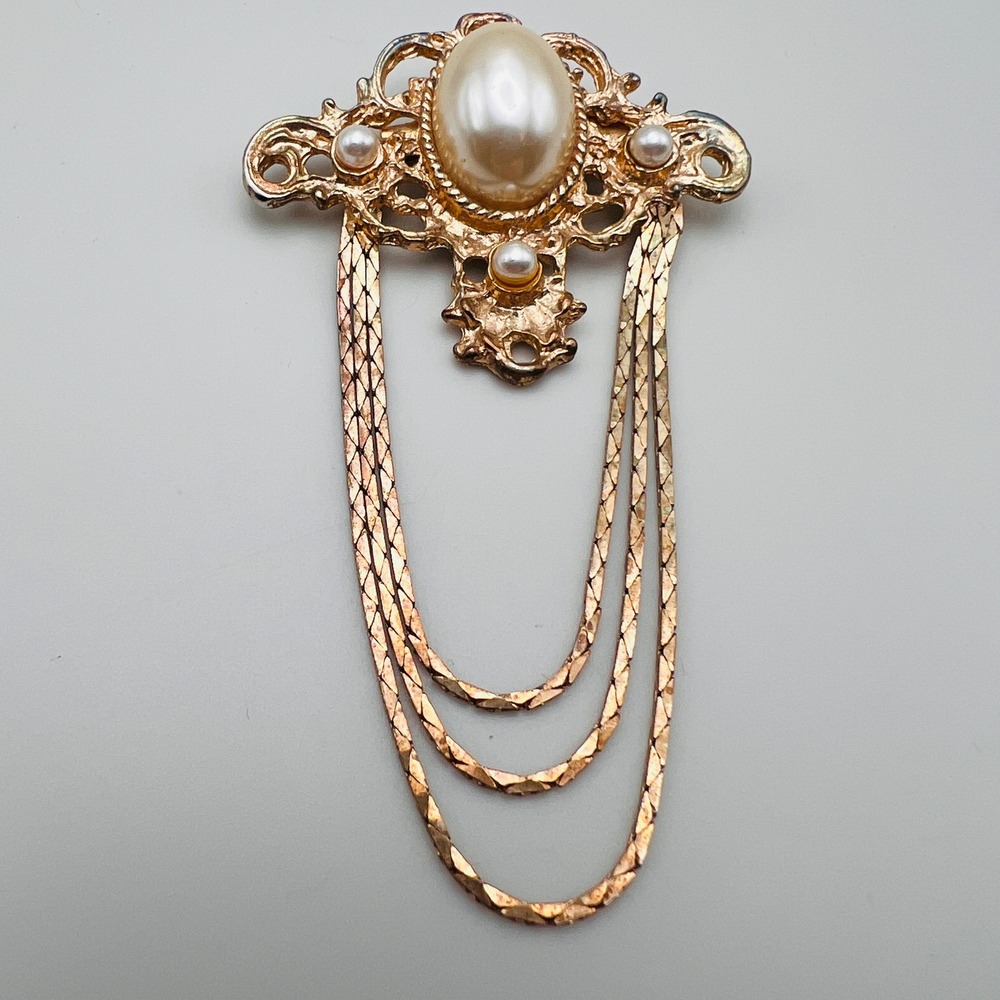 Vintage Faux Pearl Filigree Brooch with Cascading Herringbone Chains Gold Tone